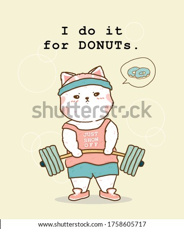 doodle hand drawing white fat cat do workout fitness exercise, idea for greeting card and banner print