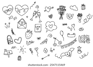 Doodle hand drawings for valentine's day. Black hearts, design elements