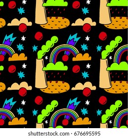 Doodle hand drawn abstract landscape kids illustration. Trend modern outline design seamless pattern on a black background for textile, card, prints, posters.