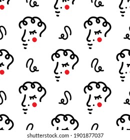 Doodle, hand drawn abstract person portrait and swirls vector seamless pattern background.