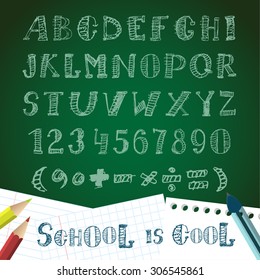 Doodle hand drawn Alphabet. Back to school background of school supplies and items.