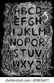 Doodle hand drawn alphabet with flowers illustrations