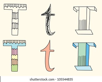 Doodle hand drawn alphabet in pastel tints : letter T