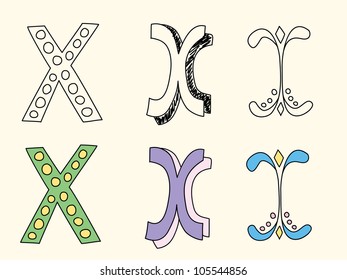 Doodle hand drawn alphabet in pastel tints : letter X
