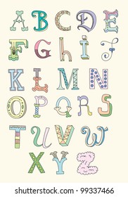 Doodle hand drawn alphabet in pastel tints