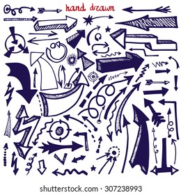 Doodle Hand drawn Arrow, sign, marks,target,design elements.Blue Vector set