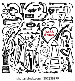 Doodle Hand drawn Arrow, sign, hearts,marks,design elements.Black Vector set