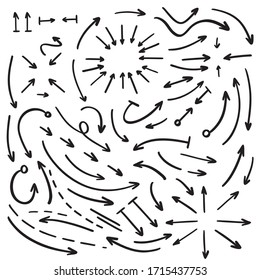 Doodle hand drawn arrow vector icons set.