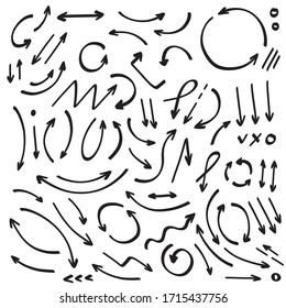 Doodle hand drawn arrow vector icons set.