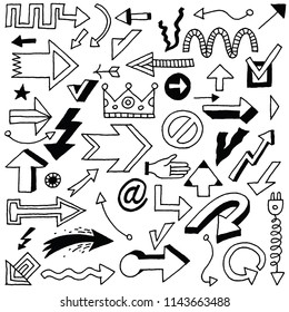 Doodle Hand Drawn Arrows Decorative Elements Set 1. Black And White Vector Illustration.