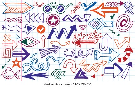 Doodle Hand Drawn Arrows Decorative Elements Set 2. Color Outline. School Notebook Background.