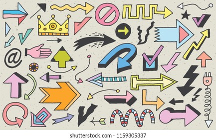 Doodle Hand Drawn Arrows Decorative Elements Set 1. Color Vector Illustration Texture Background