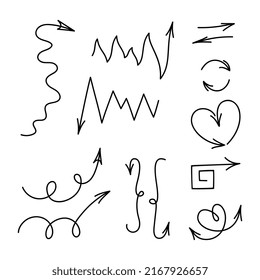 Doodle handgezeichnet Pfeile Set. Vektorgrafik.