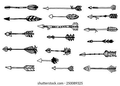Doodle hand drawn arrows set.  Vector hand drawn sketch.