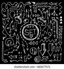 Doodle hand drawn arrows set made in vector on black background. Fully editable business design elements. 