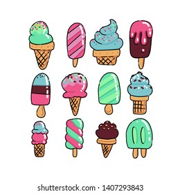 Doodle hand drawn art icecream icons set. Dessert food. Set of various rough simple ice cream color outline sketches.Vector scribble, scrawl illustration isolated on white background