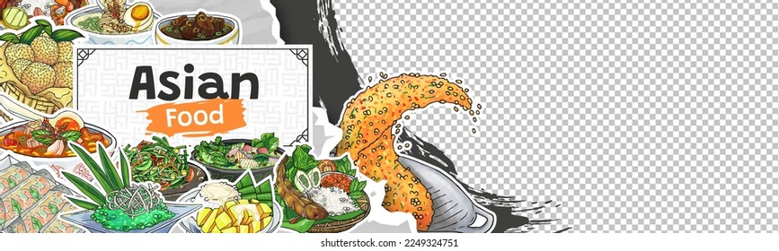 Doodle Hand Drawn Asian Food Banner with Image Space