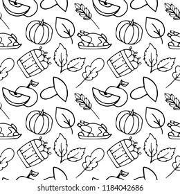 Doodle hand drawn autumn seamless pattern. Mushrooms, apples, pumpkins and Thanksgiving turkey, vector illustration