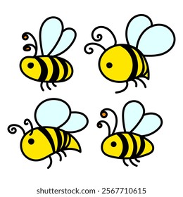 Doodle hand drawn bee. Cartoon bee illustration. Vector isolated on white background.