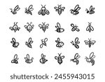 Doodle hand drawn bee. Set Cartoon outline line style bees. Vector illustration