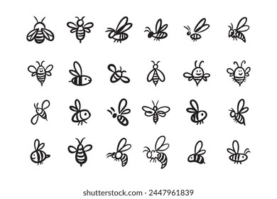 Doodle hand drawn bee. Set Cartoon outline line style bees. Vector illustration