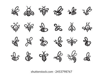 Doodle hand drawn bee. Set Cartoon outline line style bees. Vector illustration