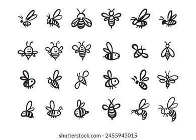 Doodle hand drawn bee. Set Cartoon outline line style bees. Vector illustration