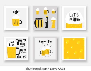 Doodle hand drawn beer collection. Alcohol drink in mug, barrel, bottle with lettering quotes enjoy, cheers, festival, let's Friday. Cards, postcards, booklet flyer with beer