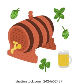 Doodle hand drawn beer items on St Patricks day. Colored sketchy leaves, clover, shamrock, hops, beer mug and beer barrel. Irish celebration concept. Ideal for decoration, stickers, pattern