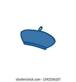 Doodle, hand drawn beret hat flat vector icon isolated on a white background.Beret in the blue color of 2020.