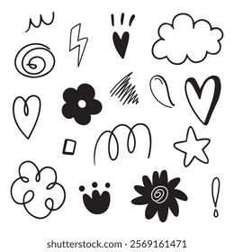Doodle hand drawn with black line. Element of star, heart, spin and flower. Black and white