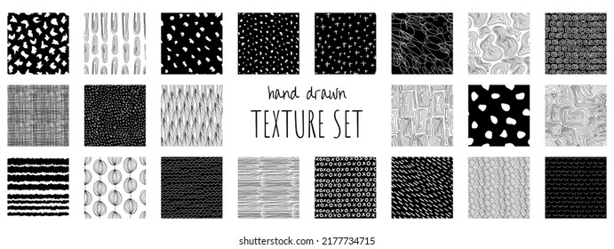 Doodle hand drawn black and white seamless textures. Vector illustration for textured paper, wrapping print, fabric, wallpaper, etc.
