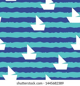 Doodle hand drawn blue waves and ship, abstract sea sketch. Seamless pattern for textiles, marine print. Vector flat illustration
