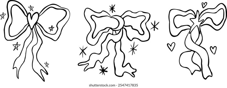 Doodle dibujado a mano boho cintas y arcos conjunto de Ilustración vectorial. Arte del boceto para las tarjetas de felicitación, invitaciones de boda, diseño del cartel, postales. 