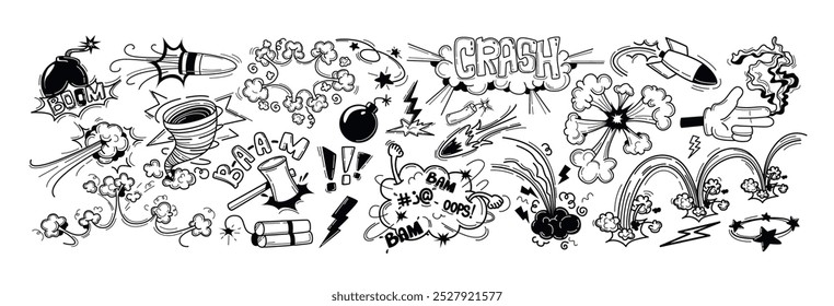 Bomba desenhada à mão com efeito de explosão com estrondo. Nuvens de quadrinhos, explosão de som com arma nuclear, bala, ícones dinamite e adesivos de ponto de exclamação. Explosões com fumo, fumaça ou flash de incêndio