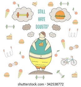 Doodle hand drawn boy with weight problem thinking about what to do, eat hamburger or go in for sports. Health problem, diet postcard, background.