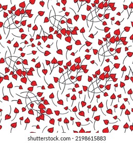 Doodle hand drawn branch hearts.  Seamless pattern. White background. Valentines day. Red and black colors.