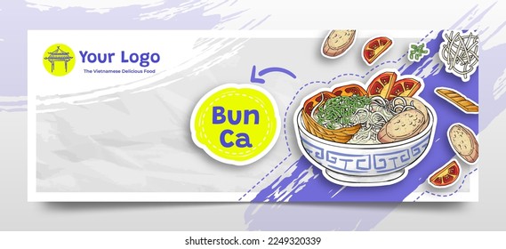 Doodle Hand Drawn Bun Ca as The Vietnamese Food Social Media Header Background
