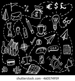 Doodle hand drawn business set elements made in vector on black background. Kinds of business elements.