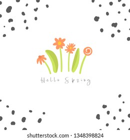 Doodle hand drawn card, postcard, poster with flower, abstract elements, lettering quote hello spring.