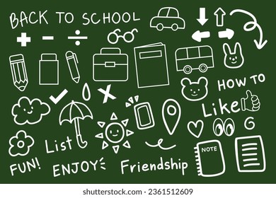 doodle hand drawn cartoon for back to school concept isolated on green background