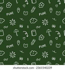 doodle hand drawn cartoon for back to school concept isolated on green board school seamless pattern background