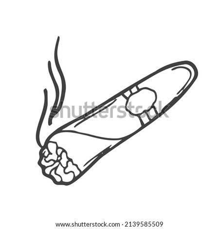 Doodle hand drawn Cartoon lit cigar with smoke. Isolated on white background. Vector icon doodle