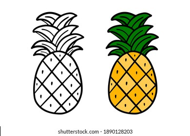 Doodle, dibujado a mano, piña de dibujos animados. Icono de piña de color y delineado.
