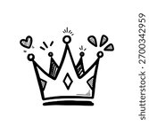 Doodle hand drawn cartoon queen crown with sparkle and heart vector icon