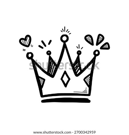 Doodle hand drawn cartoon queen crown with sparkle and heart vector icon