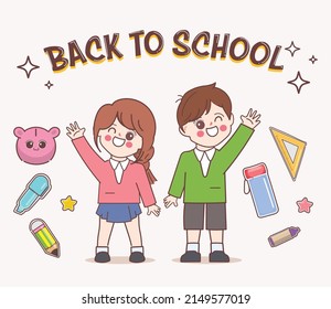 Doodle hand drawn cartoon student back to school background character. Happy children going back to school.