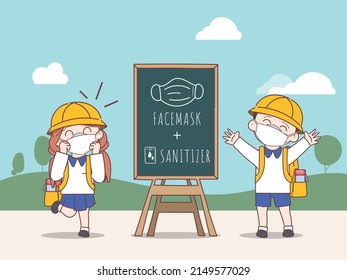 Doodle hand drawn cartoon student back to school and safe school concept with wearing a face mask stop covid-19.