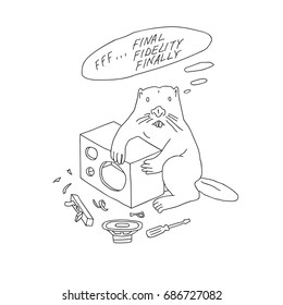 Doodle hand drawn cartoon style beaver with disassembled hi-fi loudspeakers, repairing, tuning, instruments
