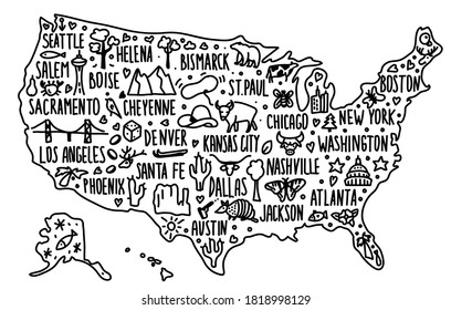 doodle hand drawn cartoon USA map. detailed reliable map with famous cities, state capitals. Symbols of state, known associations. landmarks, tourist attractions cliparts. travel, trip comic 
